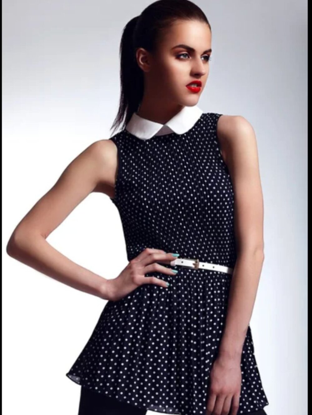 Adrianna Papell Navy Polka-Dot Peter Pan Collar Sleeve-less Nautical Blouse M